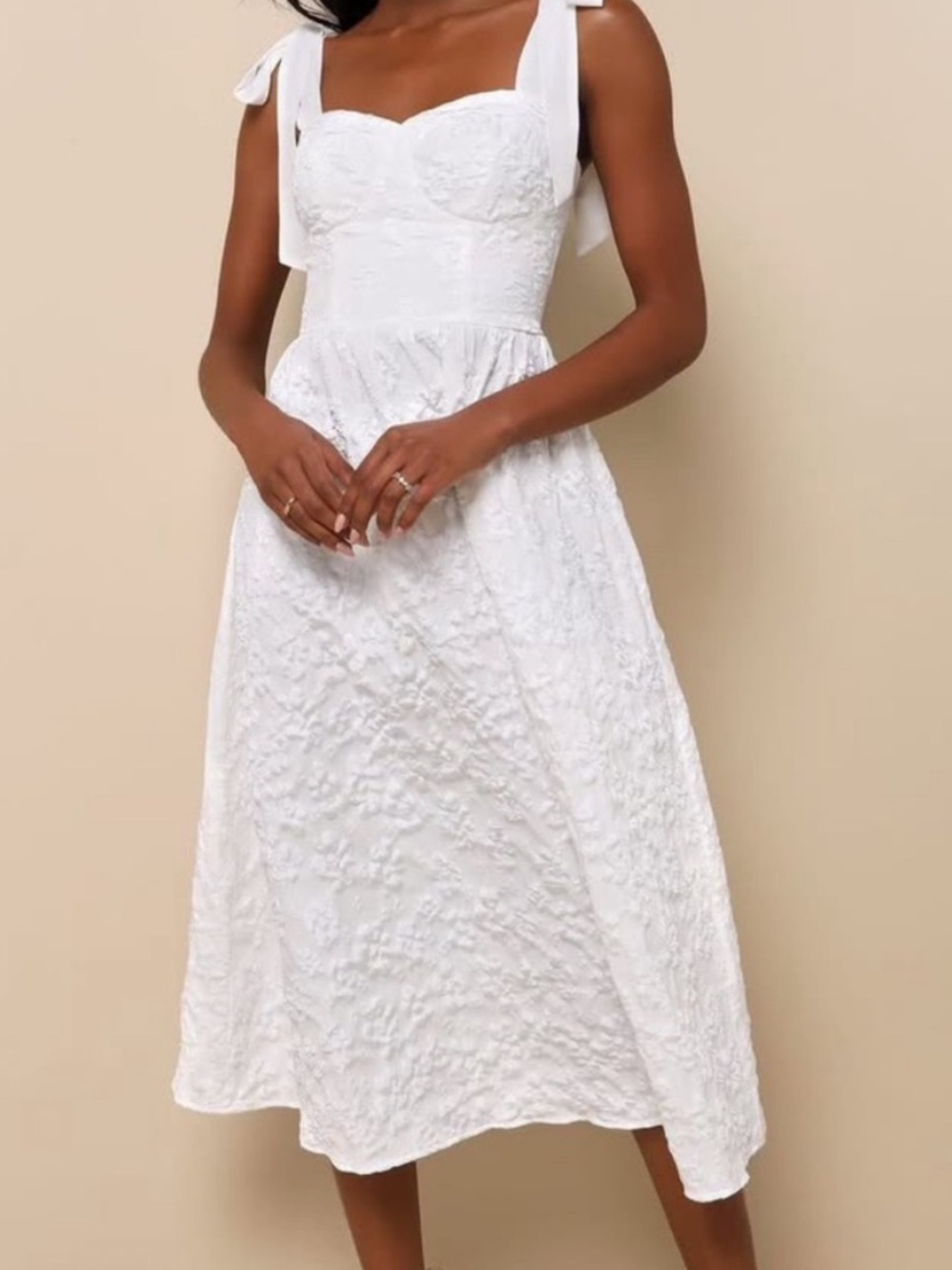 Lulu's White Embroidered Tie-Shoulder Midi Dress